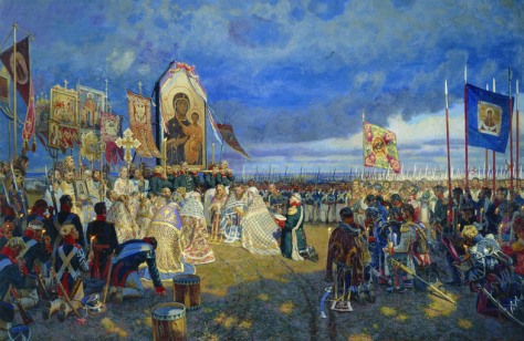 Russian soldiers pray before the Battle of Borodino in 1812. Painting by Egor Zaitsev. 